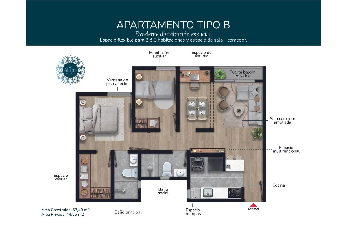 Planta Tipo B - 2 habitaciones